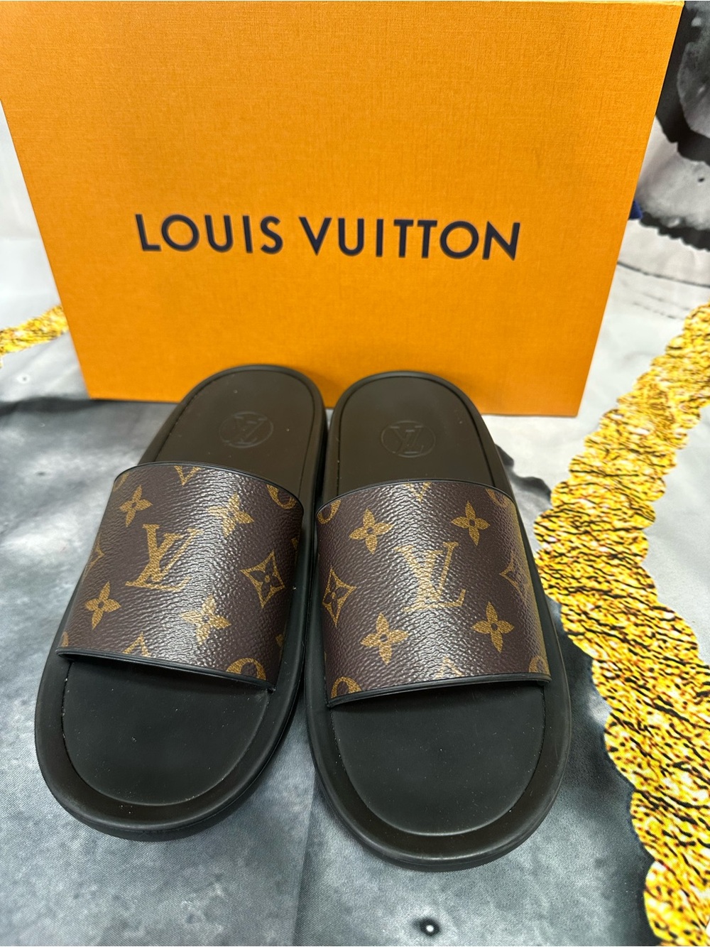 Louis Vuitton Womens Monogram Slide Sandals in Brown/Black